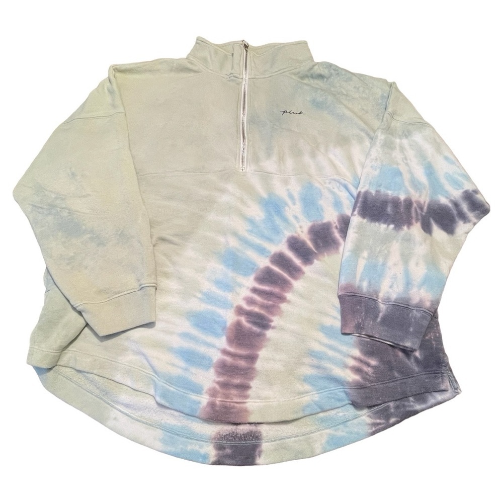 Pink Victoria Secret half zip sweatshirt with pockets tie dye blue teal Sz L
